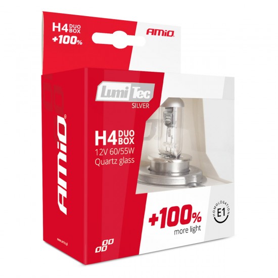 H4 12V 60/55W P43t LUMITEC SILVER ΑΛΟΓΟΝΟΥ +100% UP TO 25m AMIO - 2 ΤΕΜ. Λάμπες